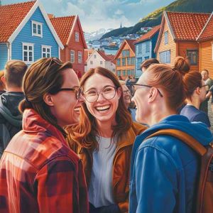 Tre damer smiler på bryggen i bergen her kan du leie komikker til din neste firmafest